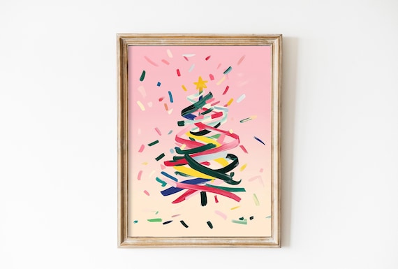 Minimalist Confetti Ribbon Christmas Tree on Blush Pink Poster