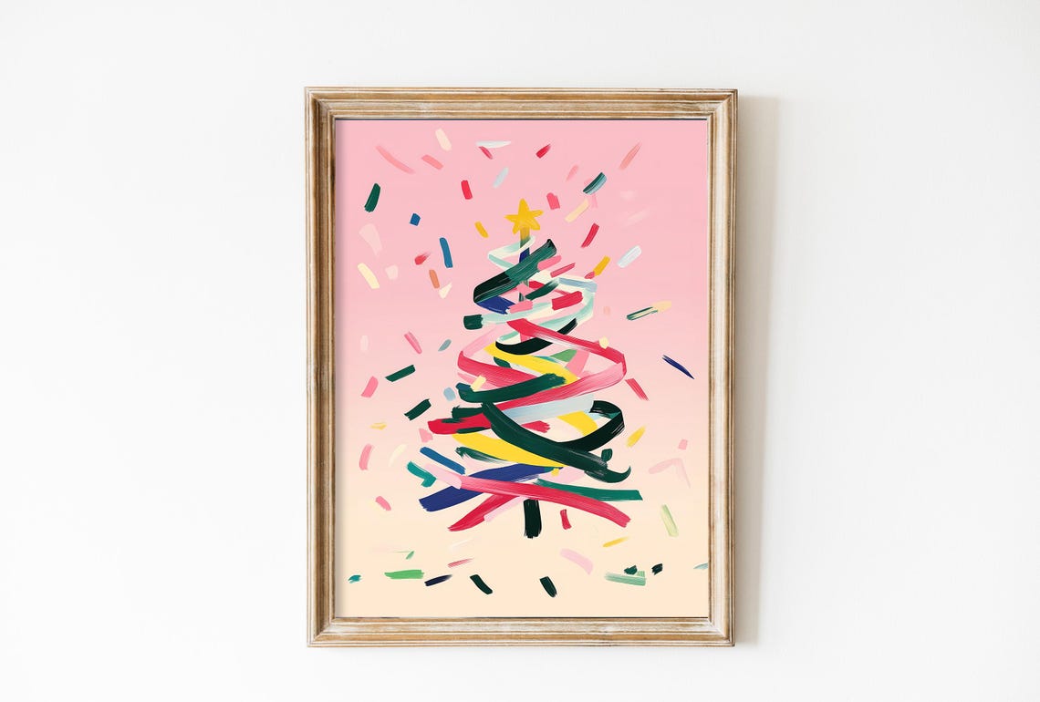 Minimalist Confetti Ribbon Christmas Tree on Blush Pink Poster