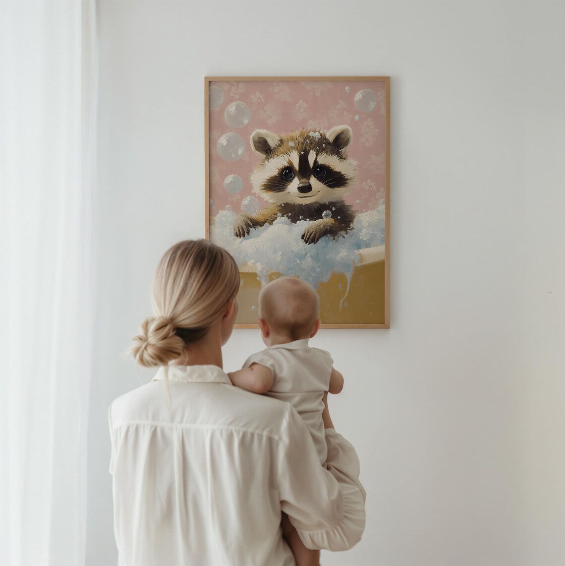 Sweet Raccoon Bubble Bath in Pink Vintage Tub Nursery Poster - Image 2