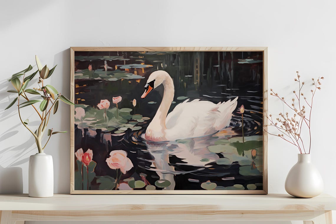 White Swan Lily Pond Night Painting Romantic Bird Art Poster - Image 3