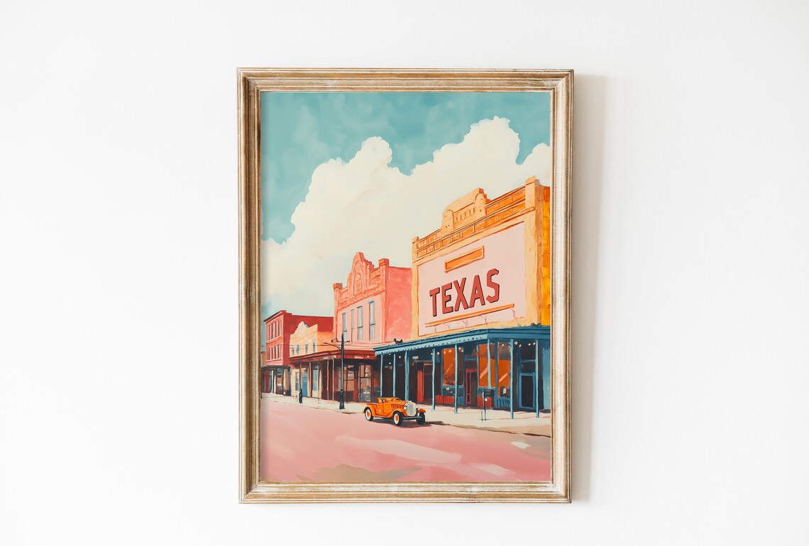 Retro Texas Vintage Travel Poster, Soft Pink Landscape