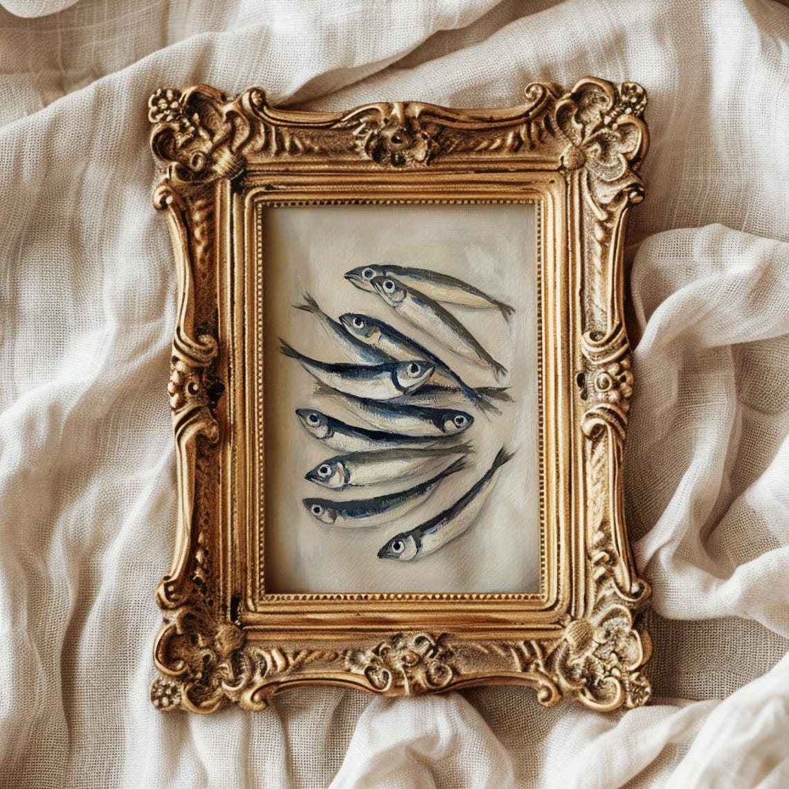 Vintage Sardine Fish Oil Painting Antique Nautical Kitchen Wall Poster - Image 3