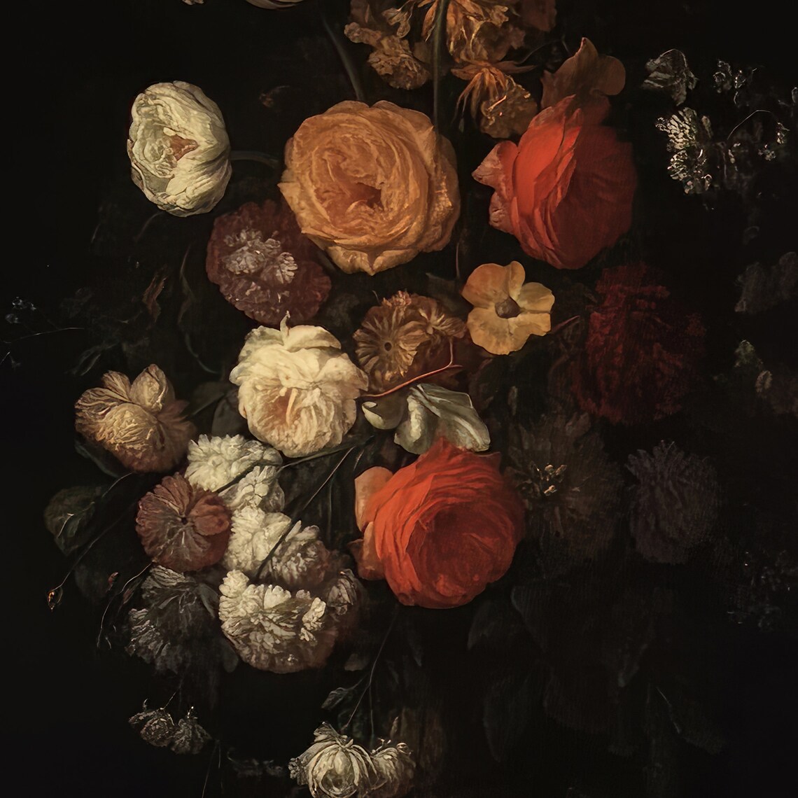 Dark Floral Still Life Orange Red And White Roses On Black Poster - Image 2