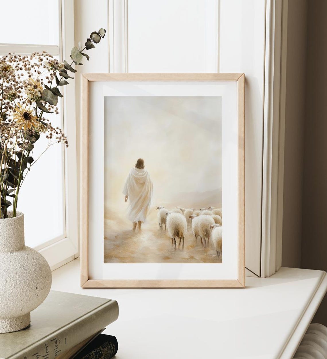 Jesus Leading His Sheep Flock Into Soft Golden Misty Light Poster - Image 4