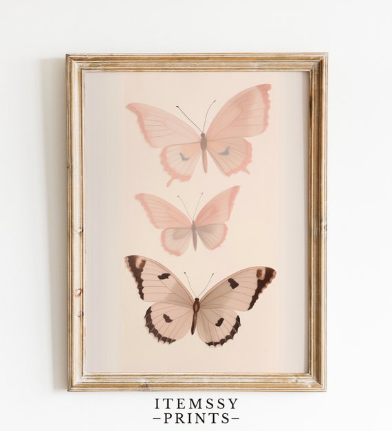 Antique White Butterflies Wall Art Vintage Butterfly Painting Light Pastel Pink Artwork Nursery Decor Vintage Wall Art