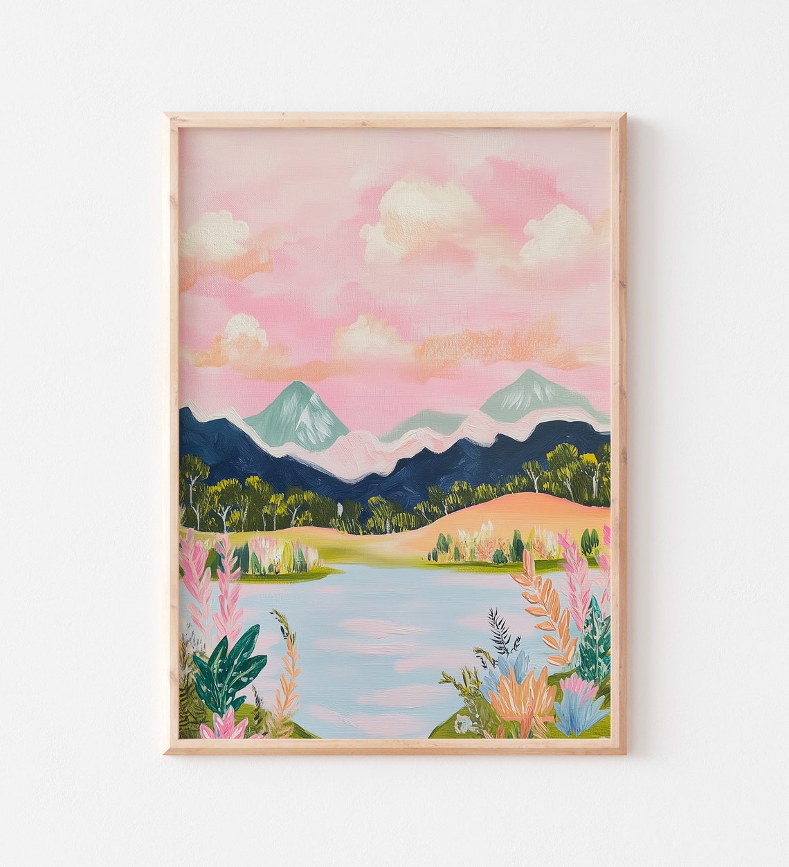 Pastel Pink Mountain Lake Sunset Dreamy Modern Landscape Art Poster - Image 2