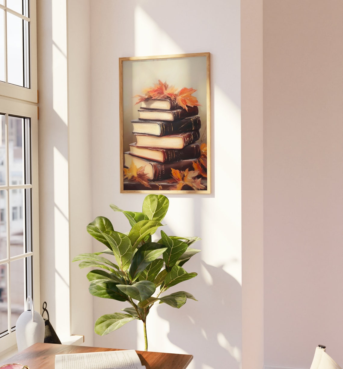 Vintage Book Stack Autumn Leaves Cozy Fall Still Life Painting Poster - Image 2