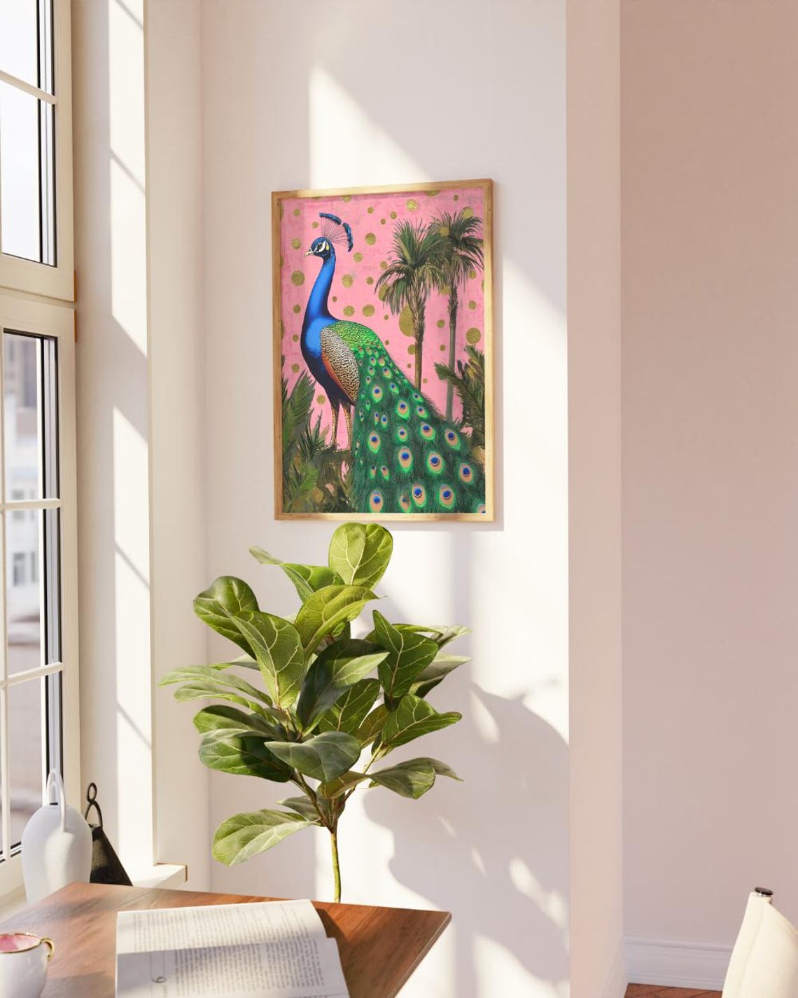 Peacock Standing With Palm Trees On Pink And Gold Polka Dot Poster - Image 3
