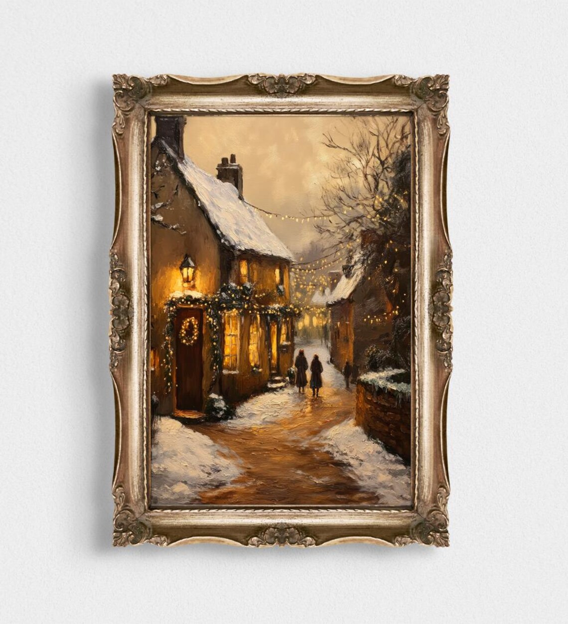 Snowy Village Street At Dusk With Glowing Warm Cottages Poster - Image 2