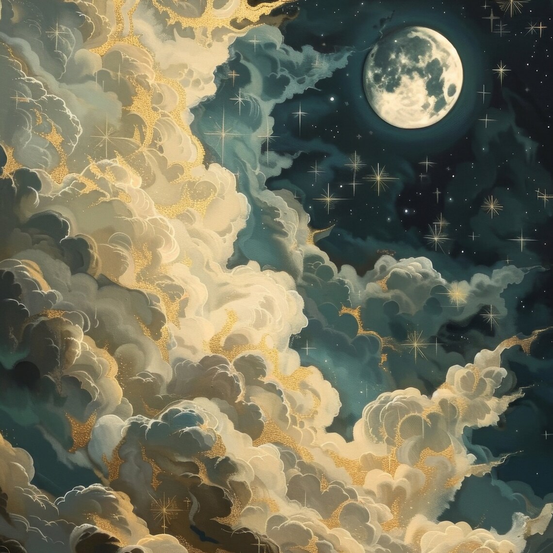 Gilded Clouds Moonlit Night Sky Stars Dark Celestial Dream Painting Poster - Image 3