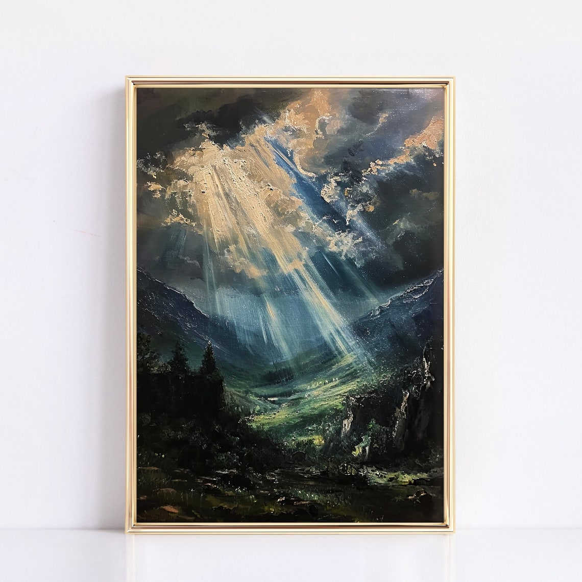 Sun Rays Breaking Through Dark Clouds Mountain Valley Art Poster - Image 3