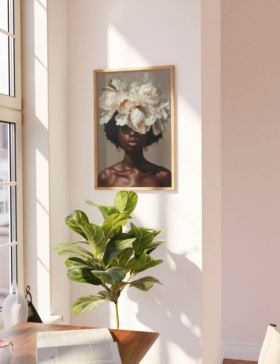 Beautiful Black Woman White Floral Crown Botanical Portrait Poster - Image 3