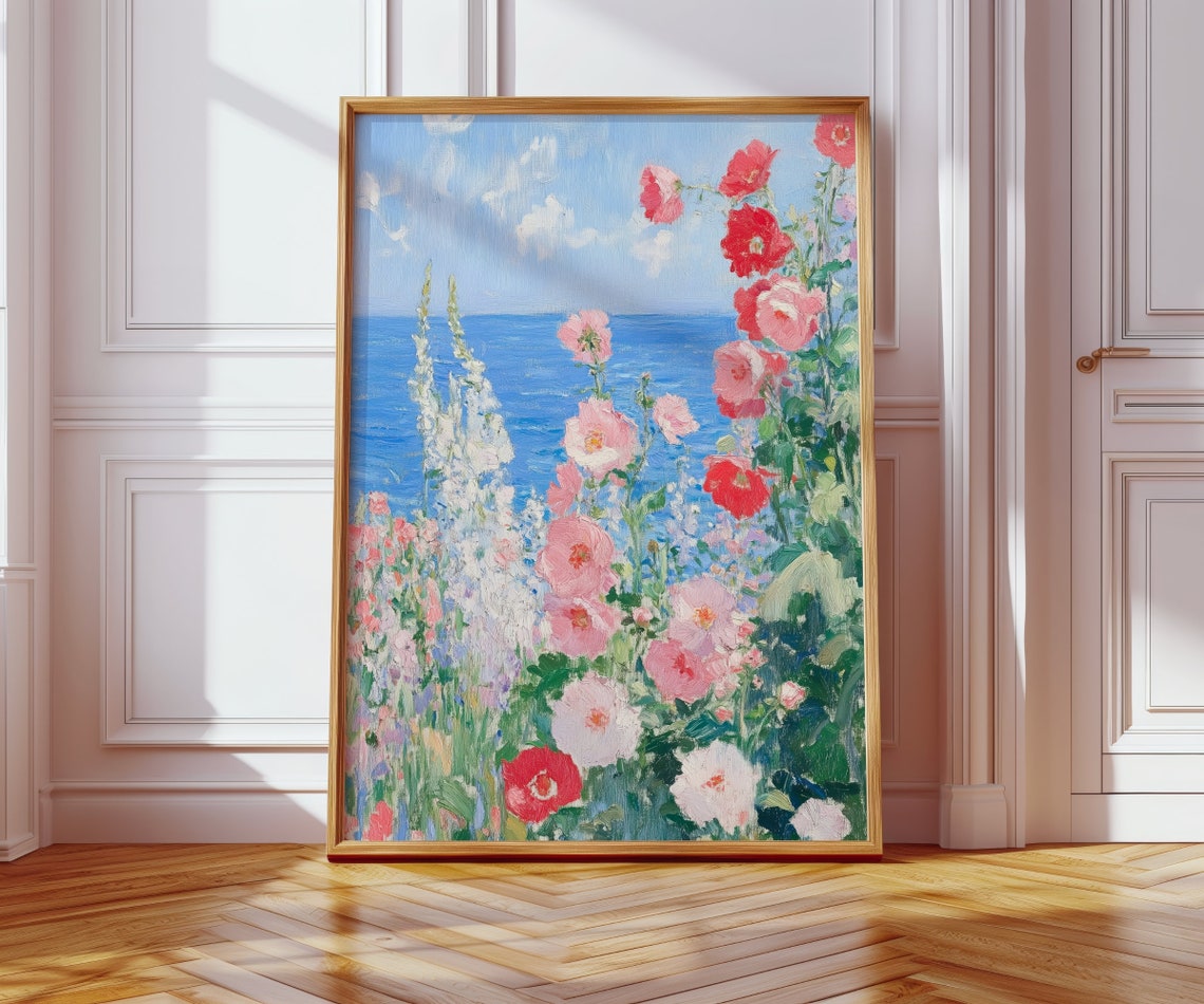 Hollyhocks Overlooking Blue Ocean Impressionist Coastal Wall Art - Image 3