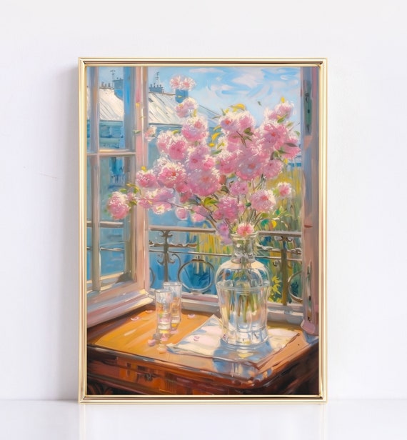 Pink Vintage Interior Still Life Wall Art Flowers By Window Painting Antique Floral Print Moody Vase Flower Artwork Farmhouse Decor