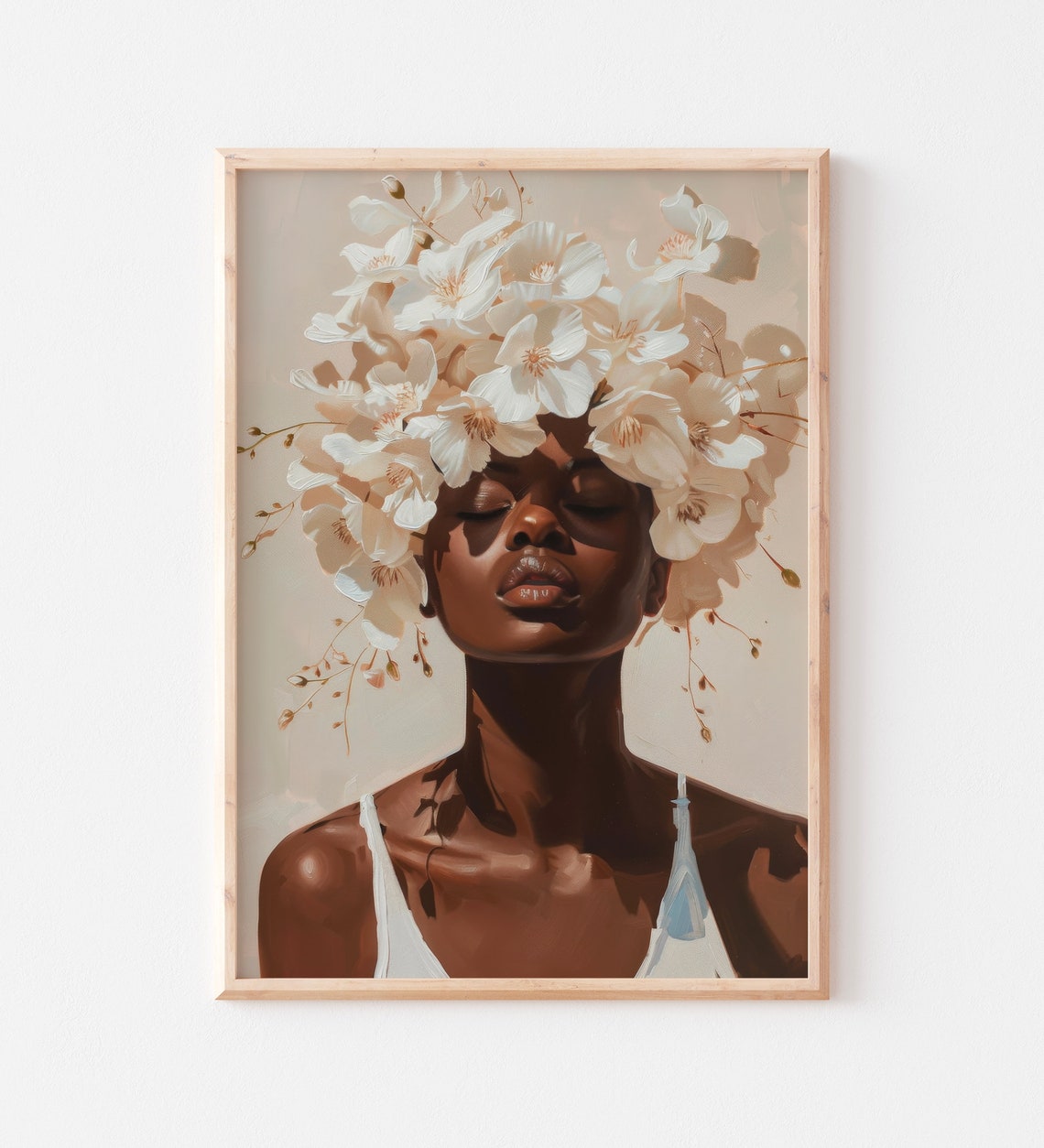 Black Woman Portrait White Floral Crown Minimalist Elegant Art Poster - Image 2