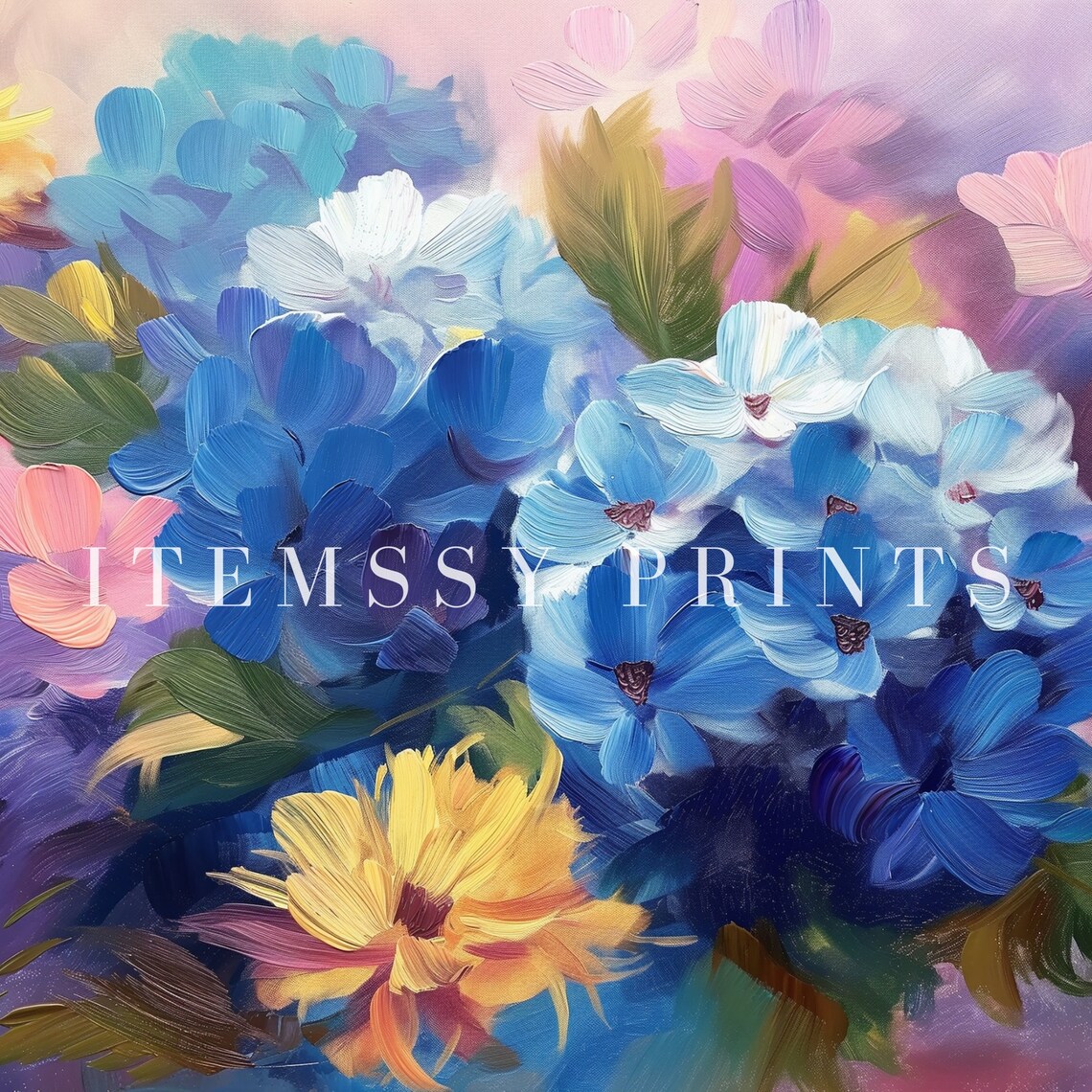 Vibrant Blue Pink Yellow Floral Impasto Painting Colorful Bloom Poster - Image 2