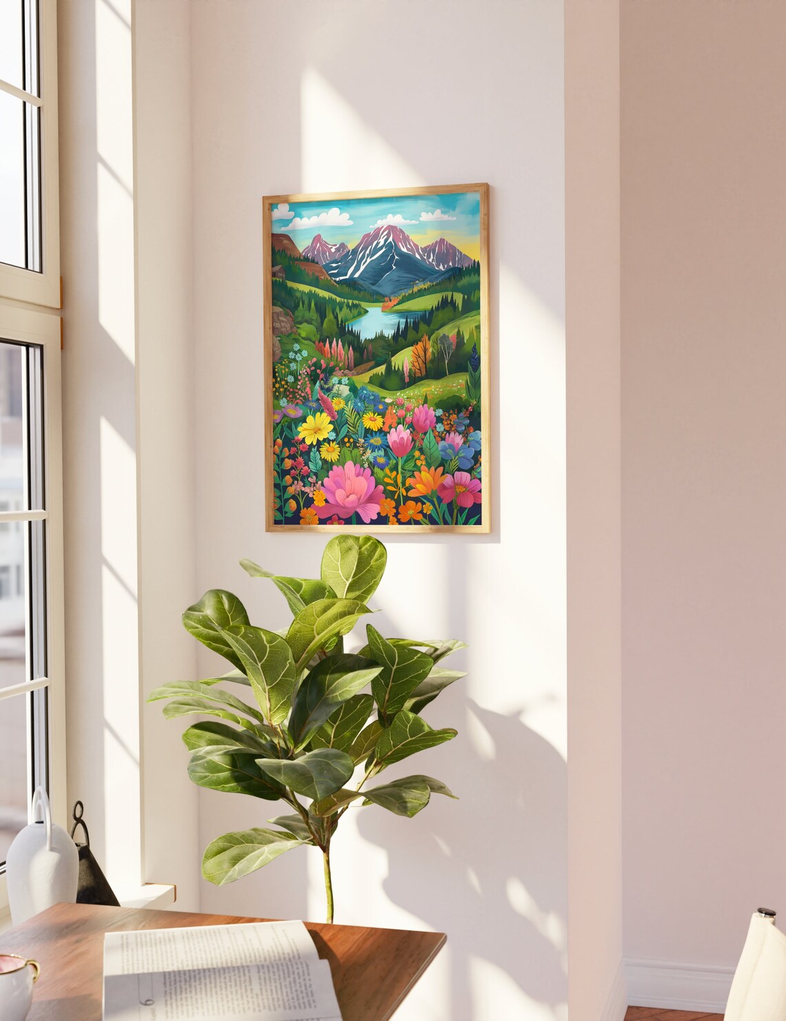 Colorful Wildflower Meadow Mountain Lake Landscape Nature Art Poster - Image 2