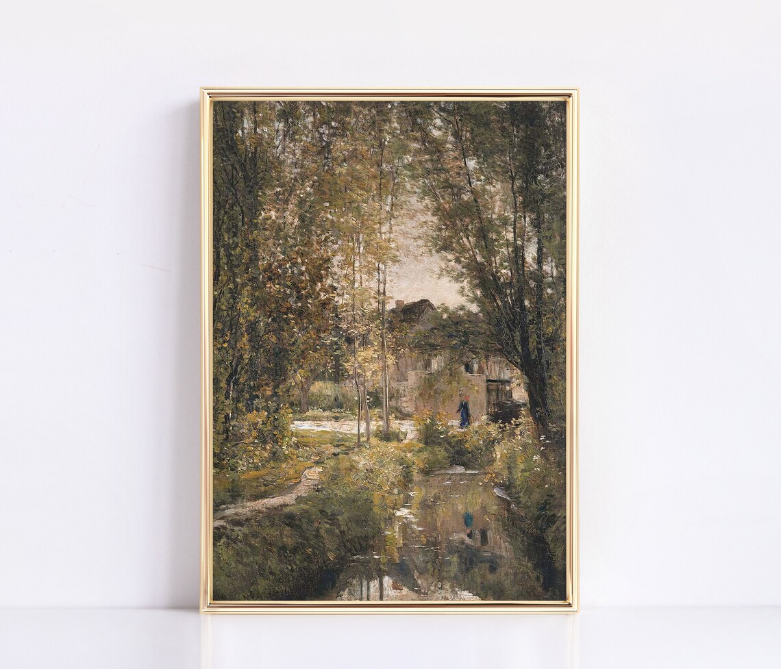 Vintage Stream Through Woodland Country House Oil Painting Summer Poster - Image 2