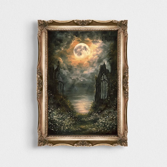 Celestial Vintage Moon Forest Home Decor Print Moody Oil Painting Cloudy Holy Dark Academia Poster Night Gate In The Woods
