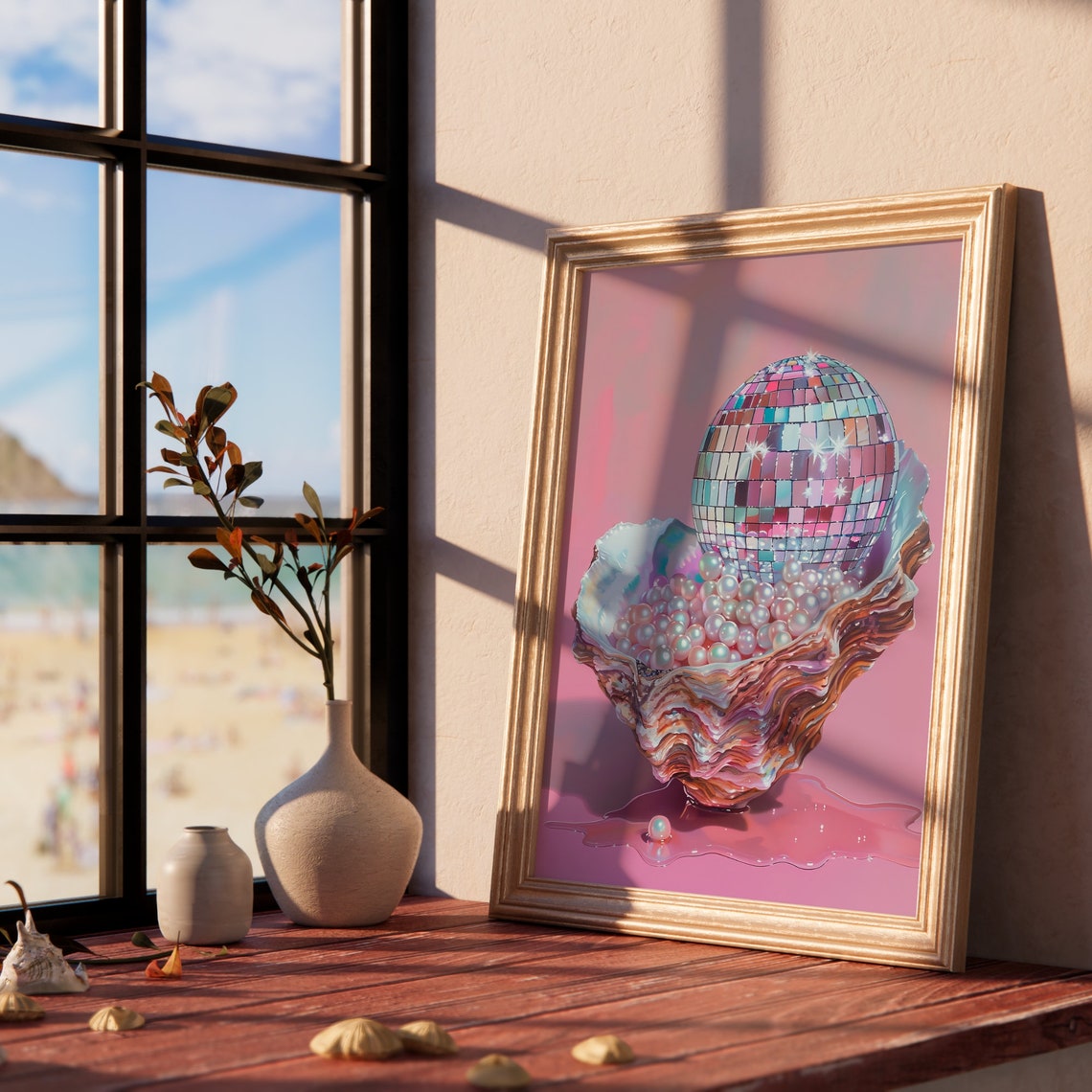 Disco Ball in Oyster Shell with Pearls Pink Whimsical Art Poster - Image 3