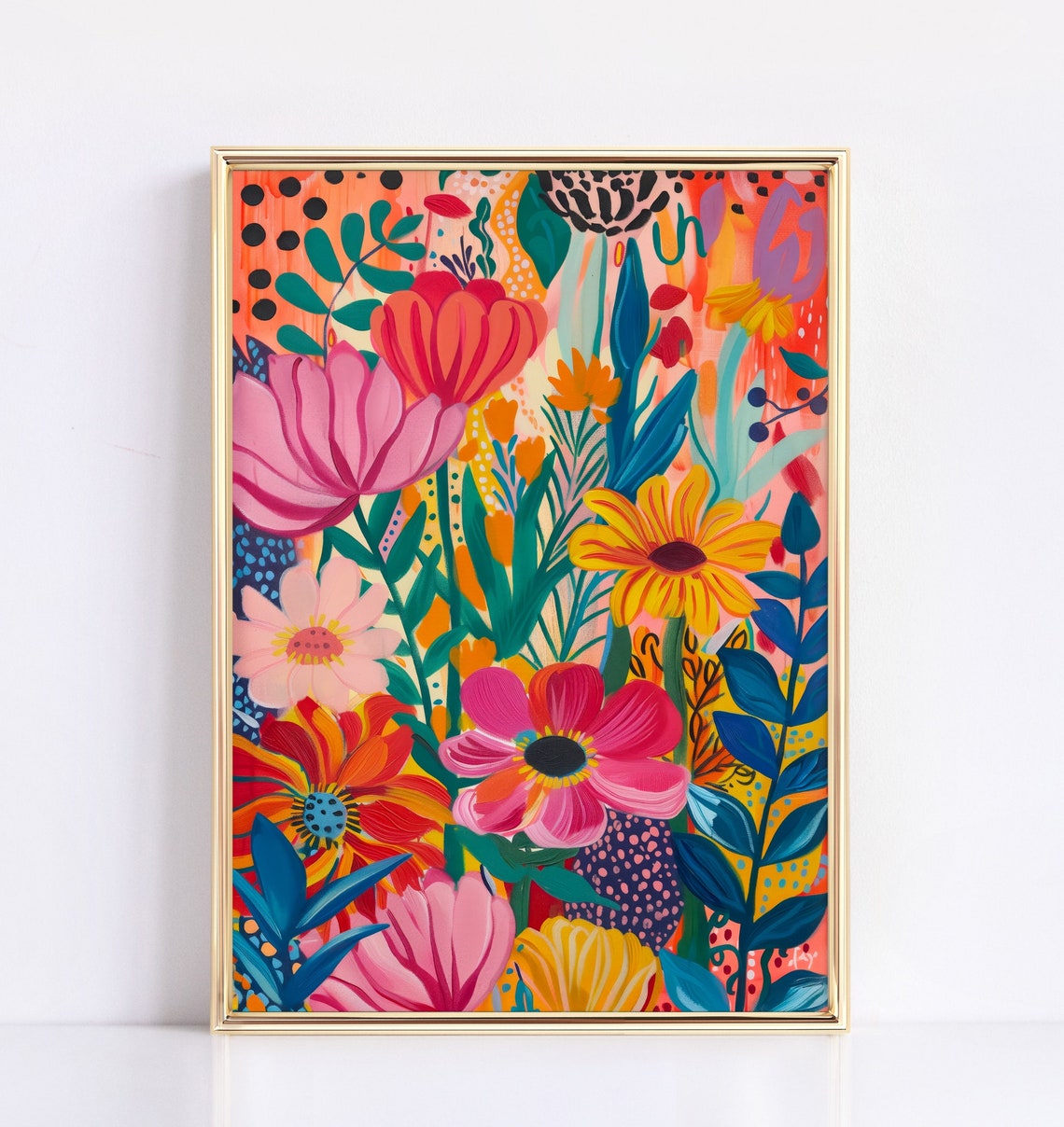 Playful Bright Floral Pattern Pink Orange Yellow Botanical Poster