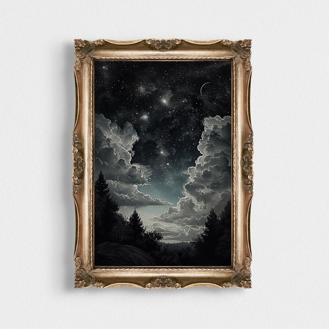 Monochrome Starry Night Crescent Moon Over Dark Forest Art Poster
