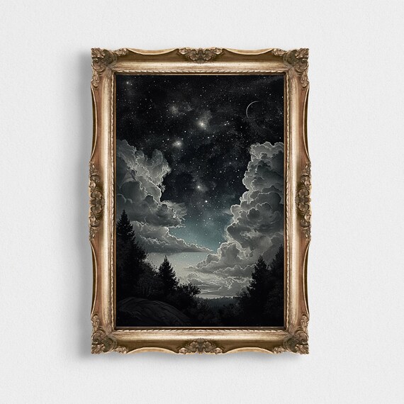 Night In The Woods Witchy Art Print Vintage Celestial Print Wall Art Night Moon Stars Wall Decor Night Landscape Art