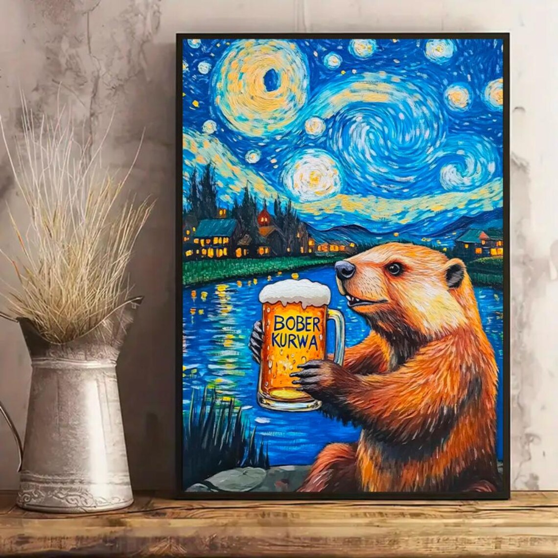 Starry Night Beer Drinking Beaver Art Print