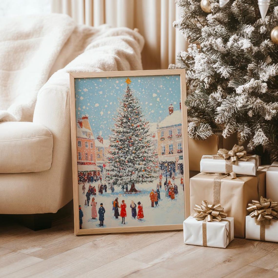 Snowy Town Square With Grand Christmas Tree Gathering Poster - Image 2