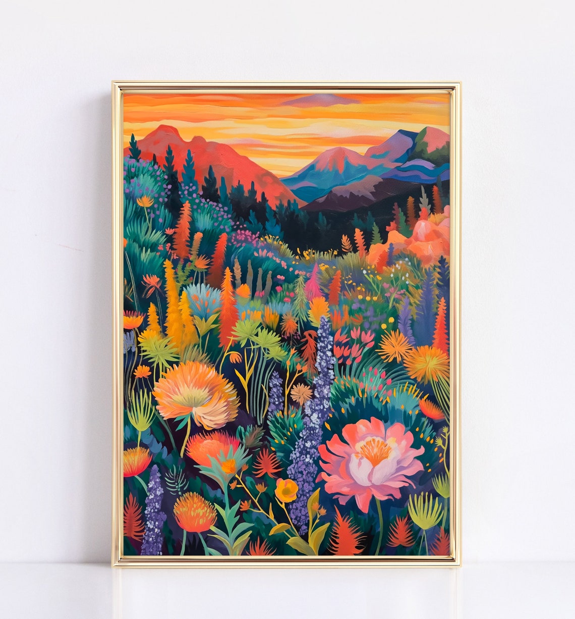 Colorful Sunset Mountain Meadow Maximalist Floral Landscape Poster