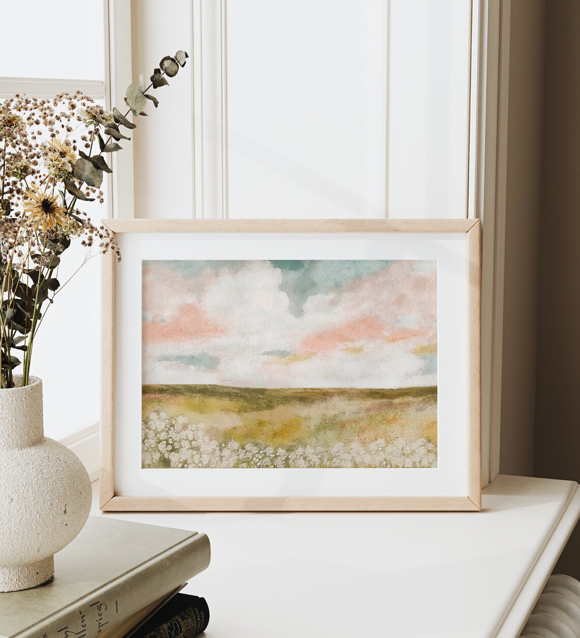 Spring Landscape Print Cloudy Pink Sky Wall Art Country Farmhouse Landscape Oil Painting Neutral Pastel Girls Room Decor - Image 3