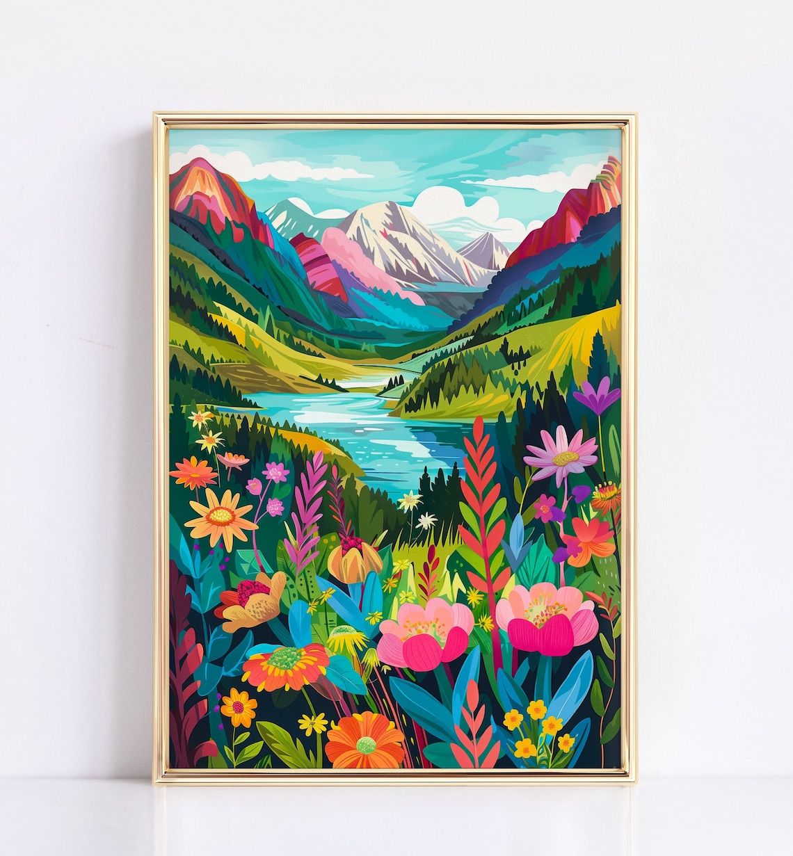 Colorful Alpine Lake Mountain Valley Wildflower Bloom Scenic Poster
