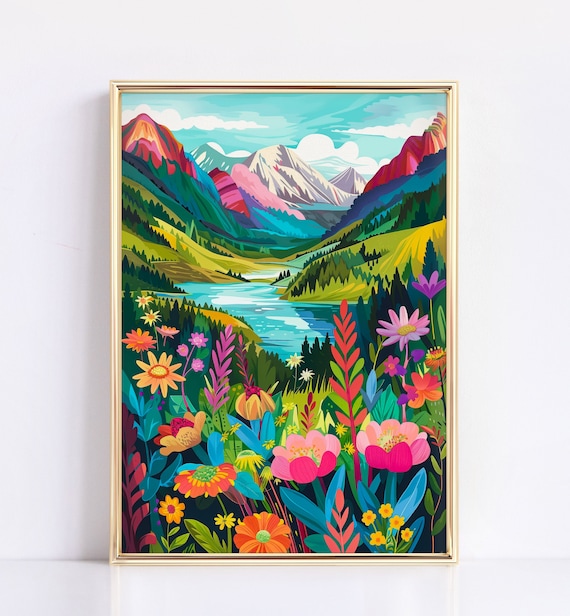 Colorful Alpine Lake Mountain Valley Wildflower Bloom Scenic Poster