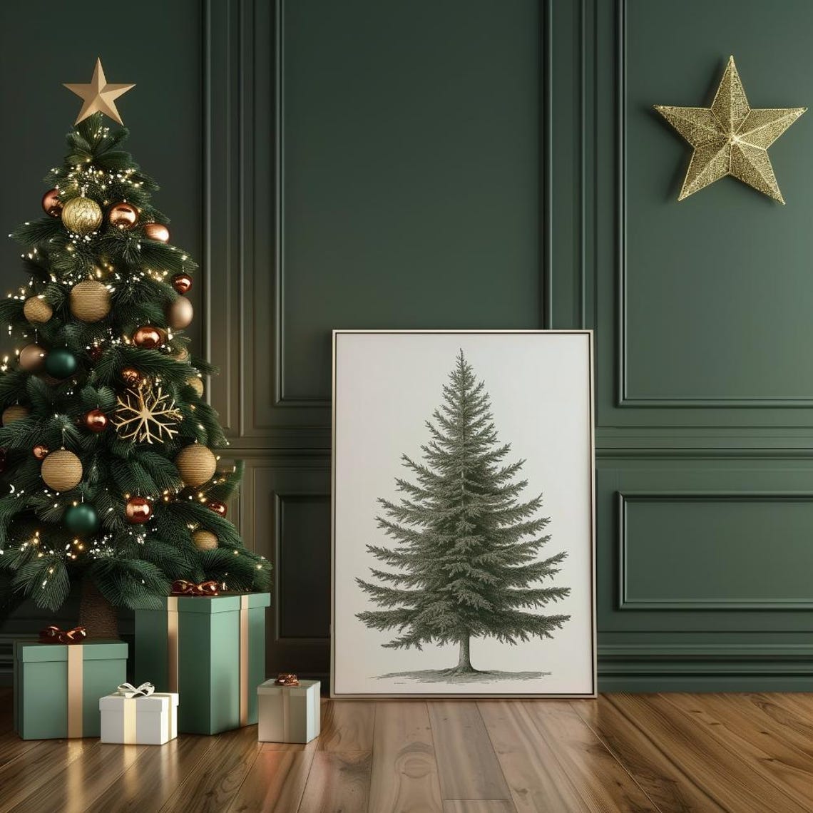 Lone Evergreen Fir Tree Minimal Botanical Study Neutral Holiday Poster - Image 3