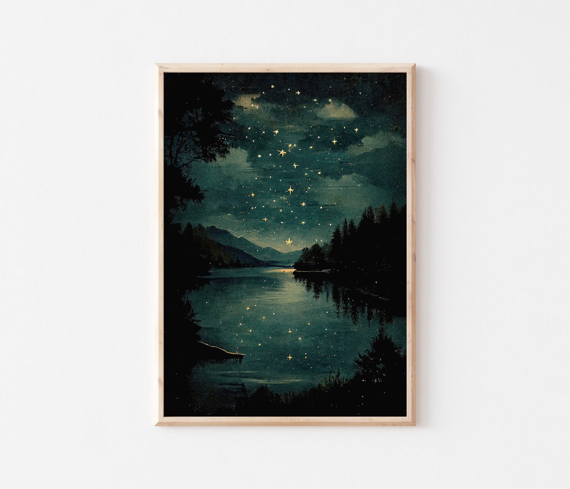 Starry Night Over Mountain Lake Teal Night Sky Magic Art Poster - Image 3