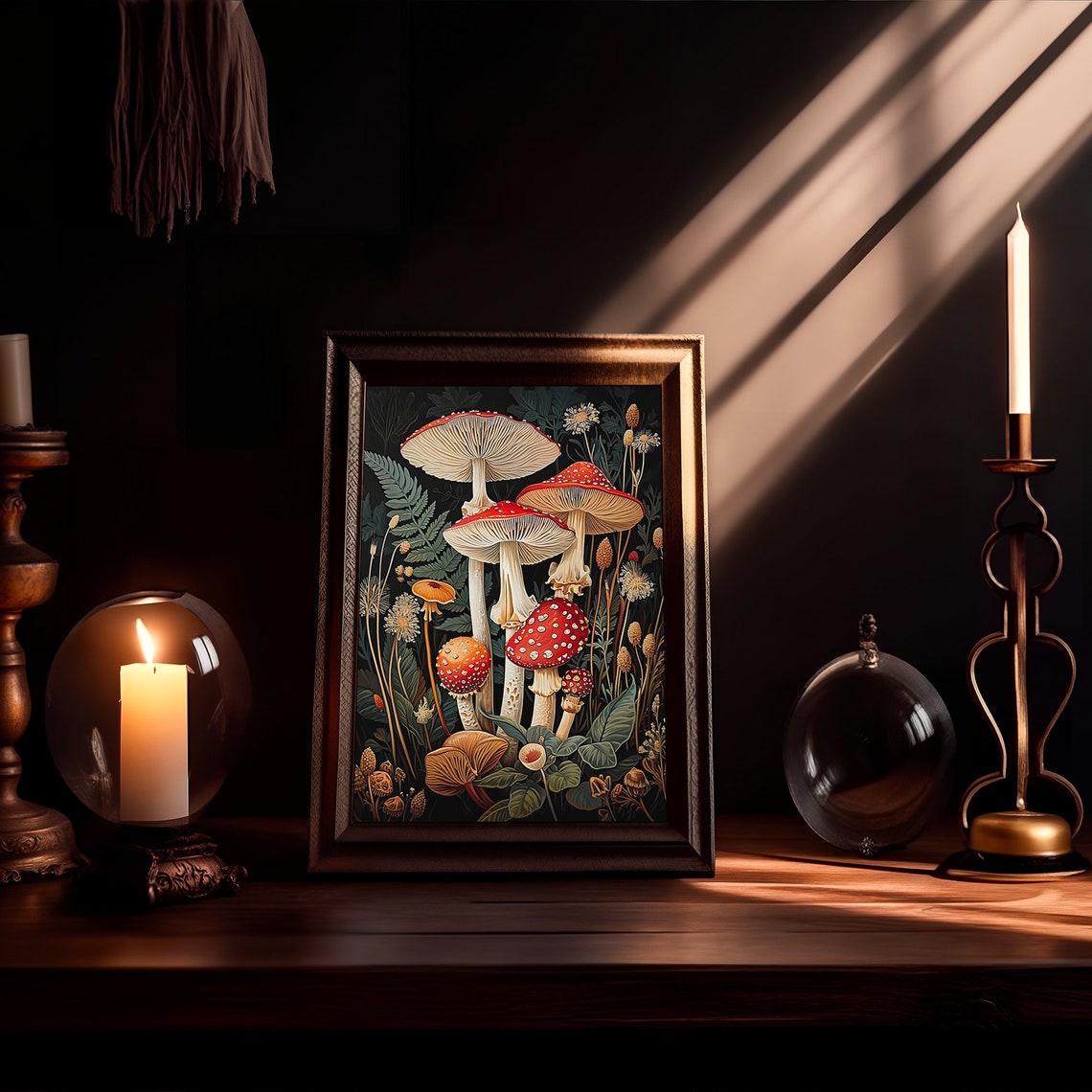 Fly Agaric Mushroom Botanical Illustration Dark Floral Wall Art - Image 2
