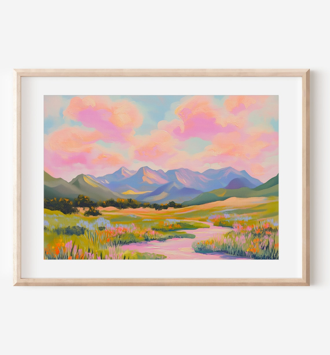 Pastel Mountain Meadow Stream Colorful Valley Scenic Landscape Poster - Image 3