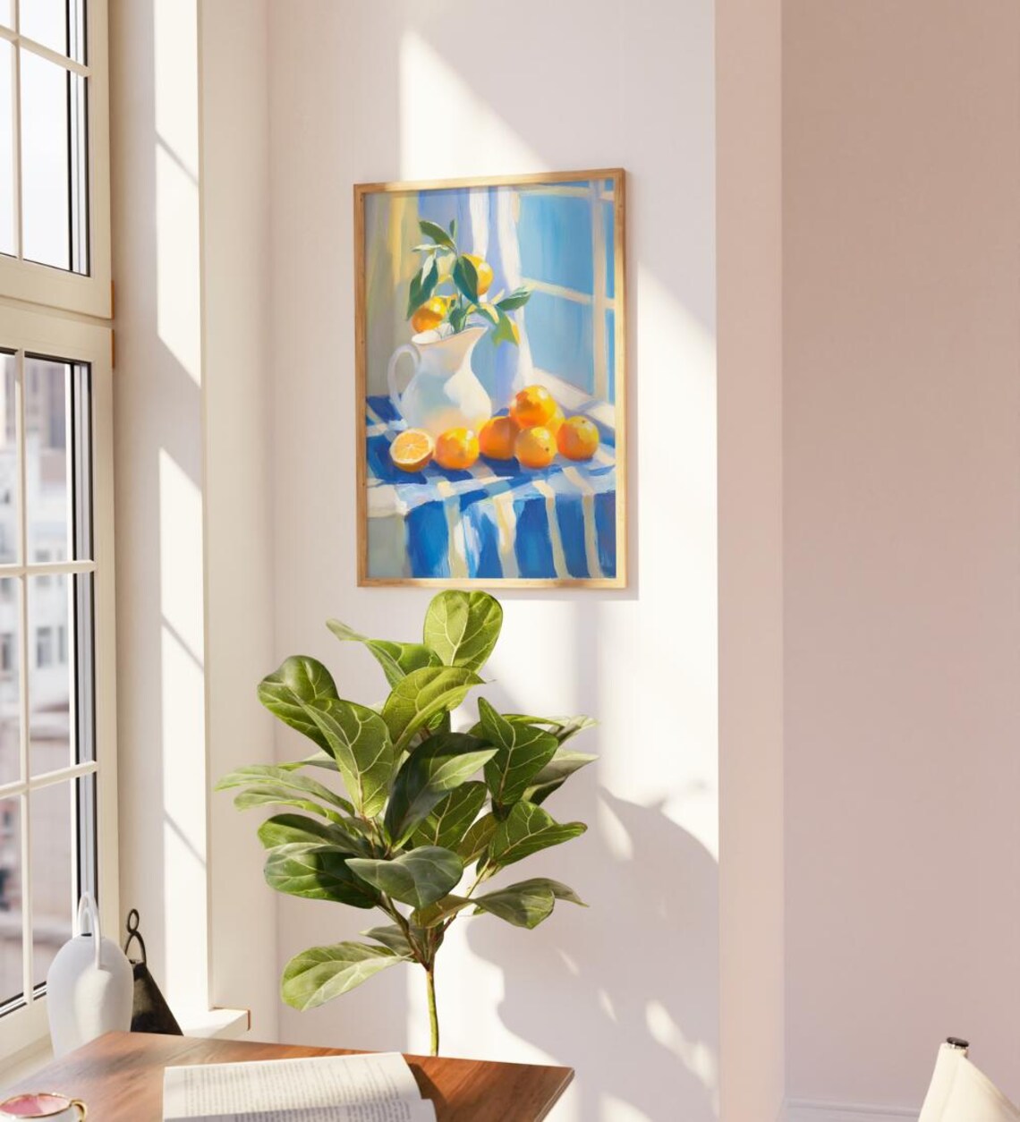 Sunlit Lemons in White Pitcher by the Window Cheerful Kitchen Still Life Poster - Image 2