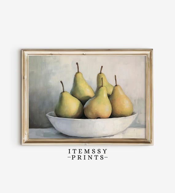 Pear Still Life Art Print Cottagecore Wall Decor Antique Farmhouse Painting Fruit Art For Kitchen Vintage Decor