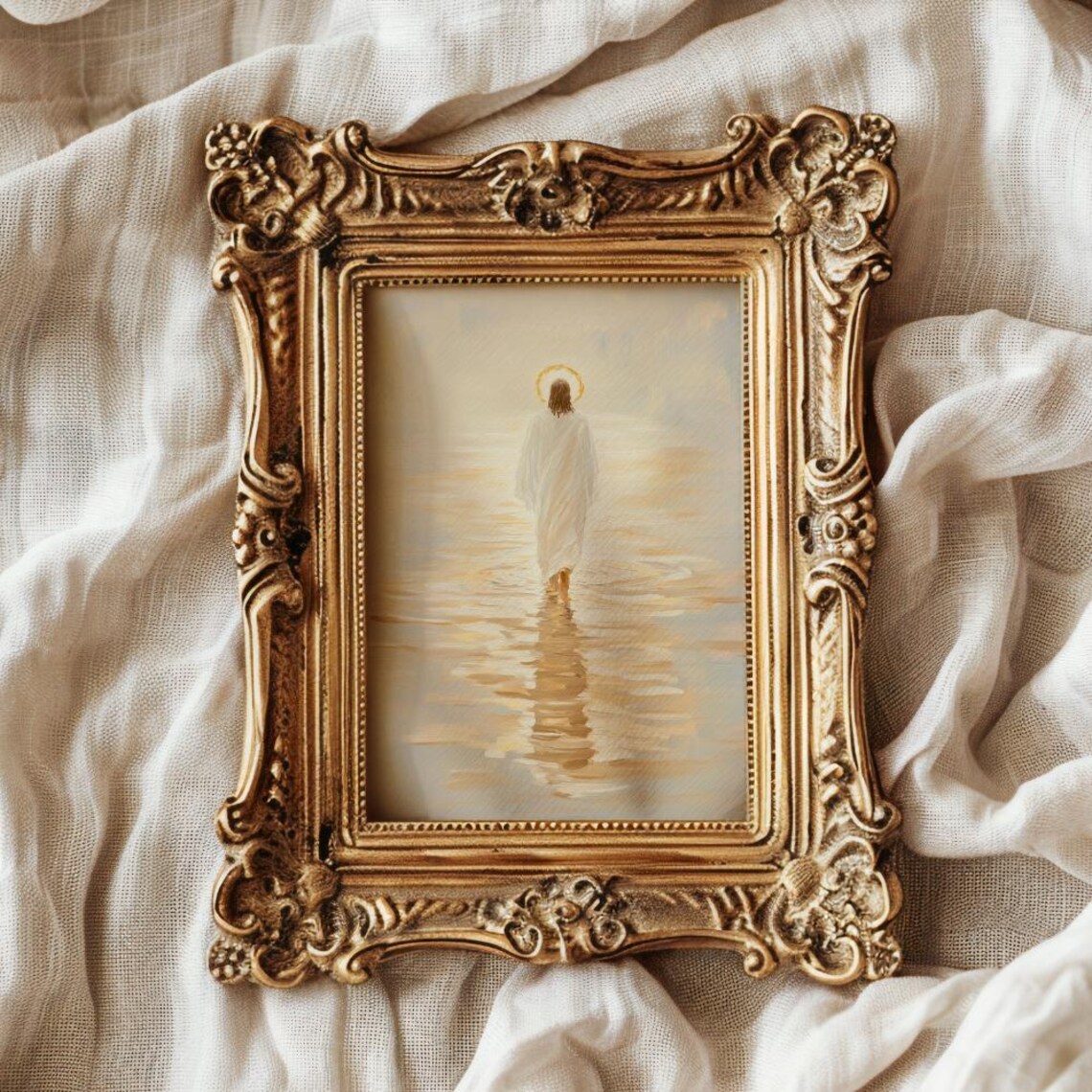 Jesus Walking on Water Golden Halo Christian Faith Art Poster - Image 2