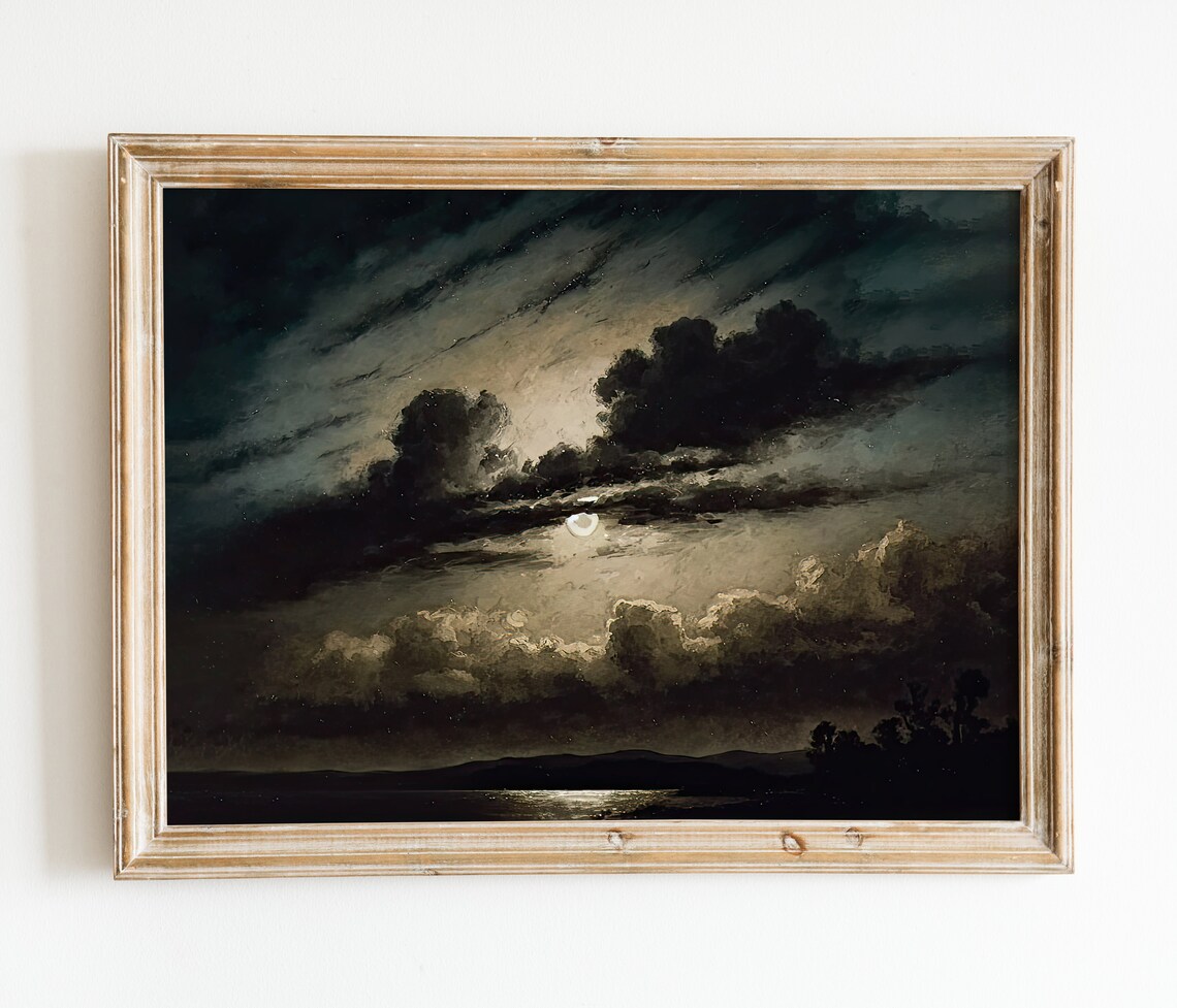 Moody Moonlit Clouds Dark Night Seascape Vintage Gothic Art Poster
