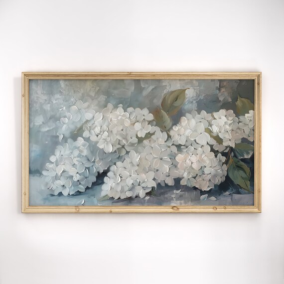 Blue Hydrangea Blossoms Impasto Painting Cool Neutral Floral Poster