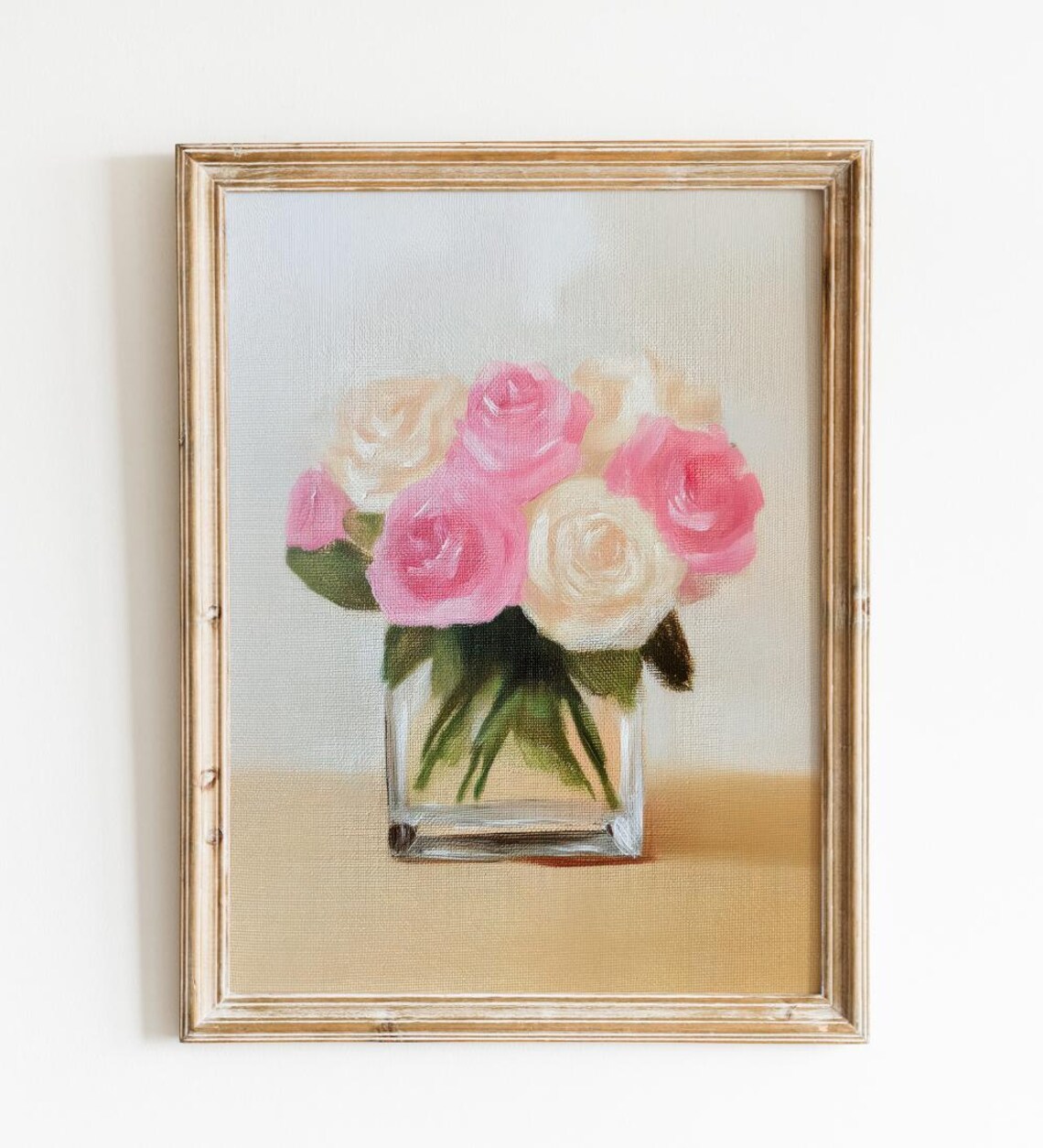Pink White Peonies Glass Cube Vase Floral Still Life Art Print