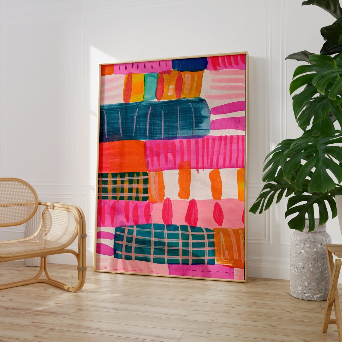 Bold Colorful Geometric Abstract Blocks Teal Pink Modern Art Poster - Image 2