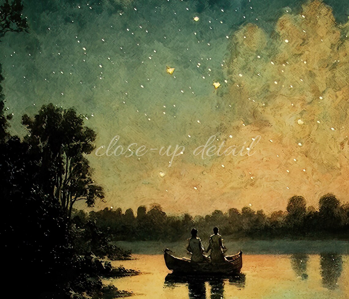 Starry Teal Night Sky Canoe On Golden Lake Vintage Star Gazing Poster - Image 2