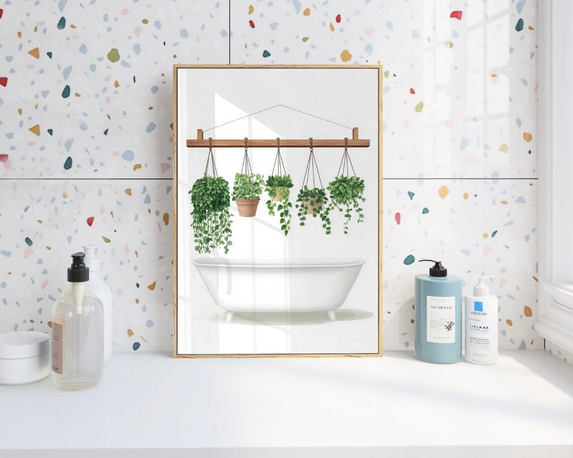 Botanical Bathtub Art Print Hanging Plants Bathroom Watercolor
