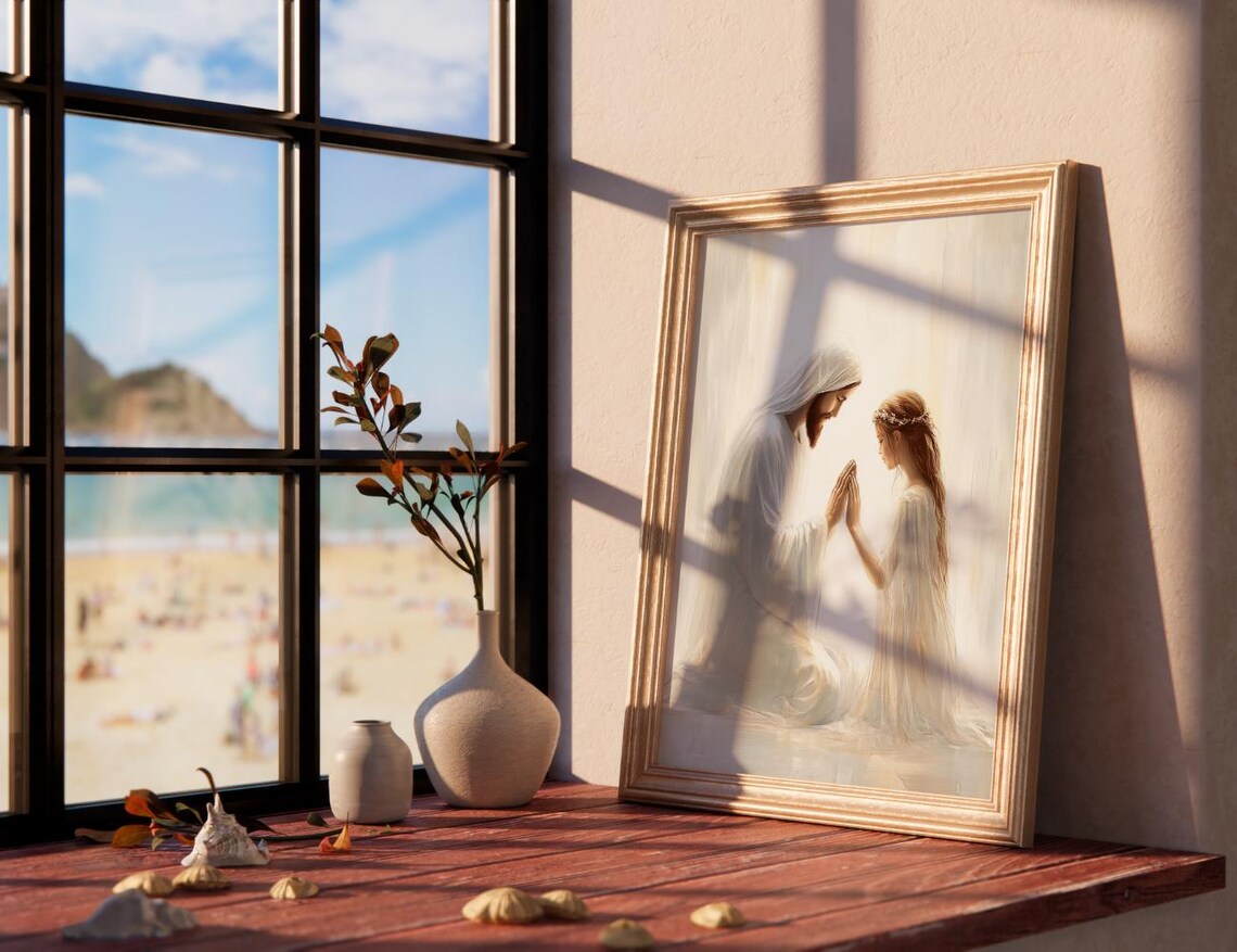 Jesus Kneeling In Prayer With Young Girl In White Light Poster - Image 2