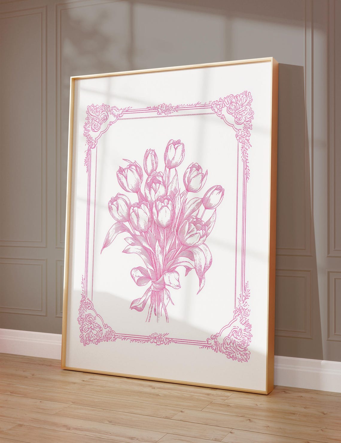 Vintage Pink Tulip Bouquet Illustration Ornate Border Floral Poster - Image 2