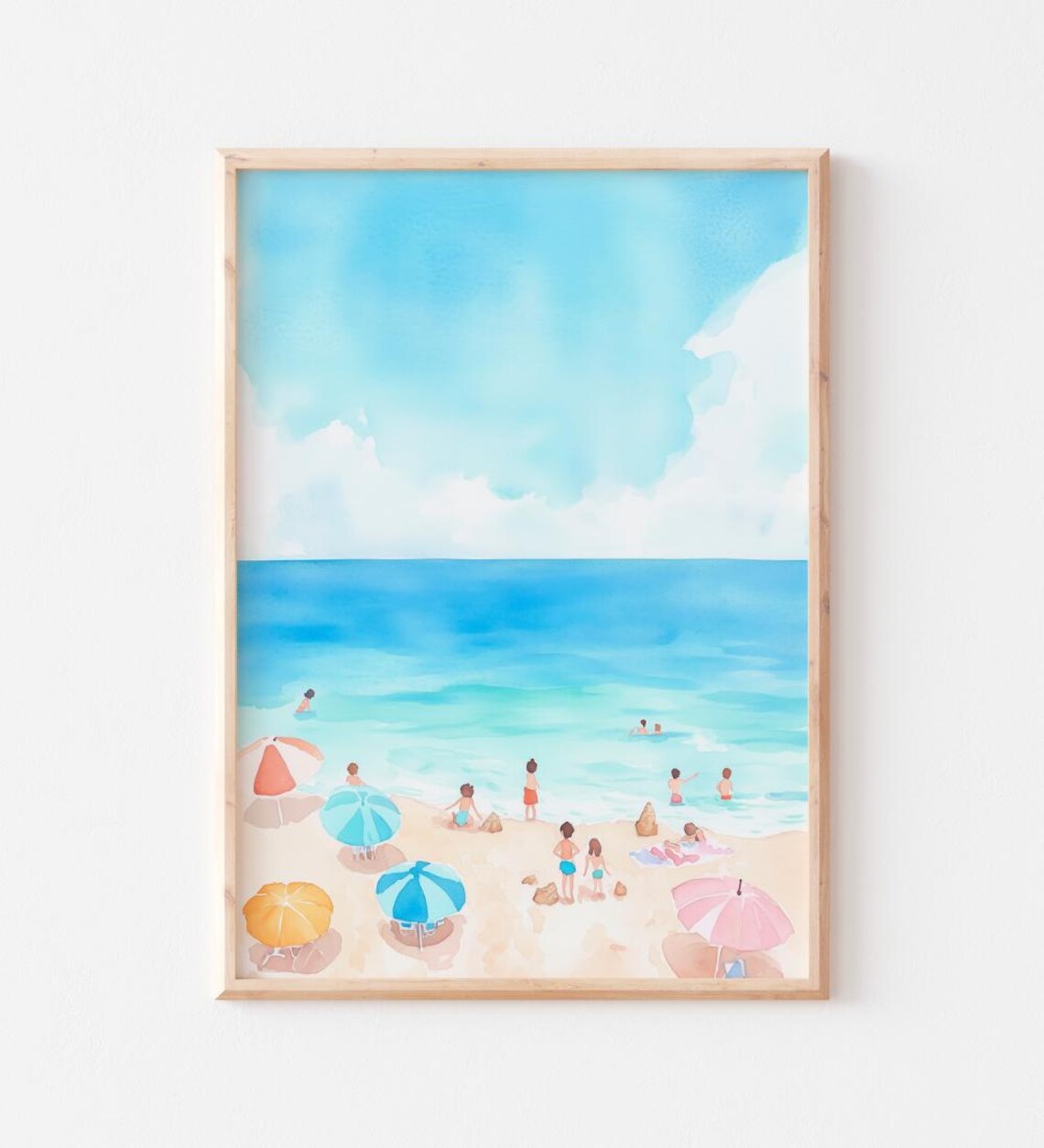 Sunny Beach Day Umbrellas Swimmers Watercolor Coastal Summer Wall Poster - Image 3