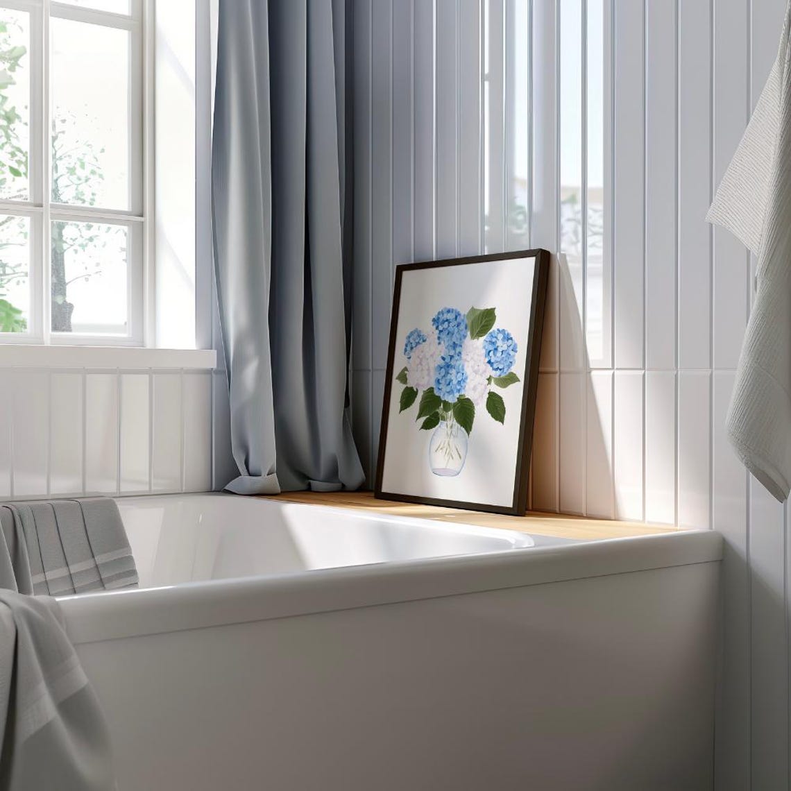 Blue White Hydrangea Bouquet Glass Vase Floral Watercolor Poster - Image 2